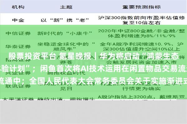 股票投资平台 氪星晚报｜华为将启动“鸿蒙生态伙伴及开发者见非凡体验计划”；闲鱼首次将AI技术运用在闲置物品交易流通中；全国人民代表大会常务委员会关于实施渐进式延迟法定退休年龄的决定